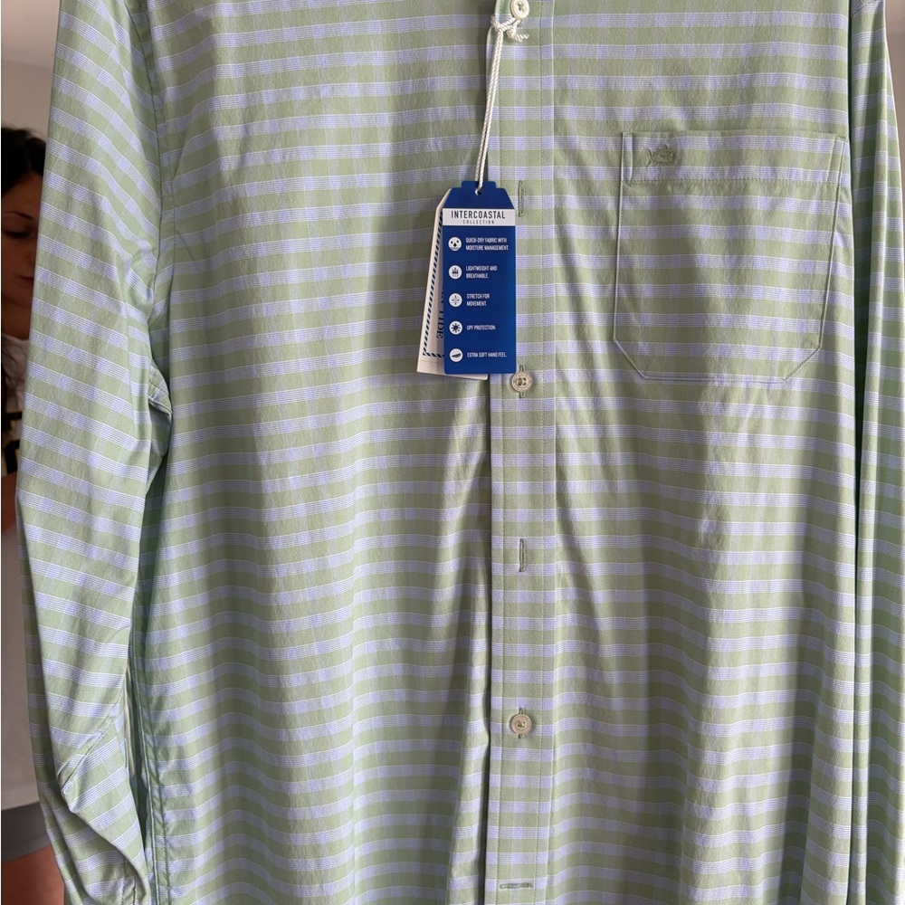 Southern Tide Men's Green and White Striped Shirt